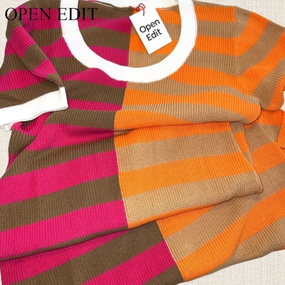 OPEN EDIT Striped ColorBlock Short Sleeve Scoop Neck Sweater Midi Dress NWT/MD - Picture 9 of 14